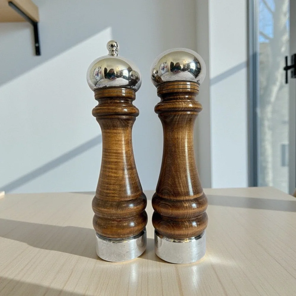 Vintage Borel Tall Sterling Silver Wood Pepper Mill Salt Shaker Set French Maker